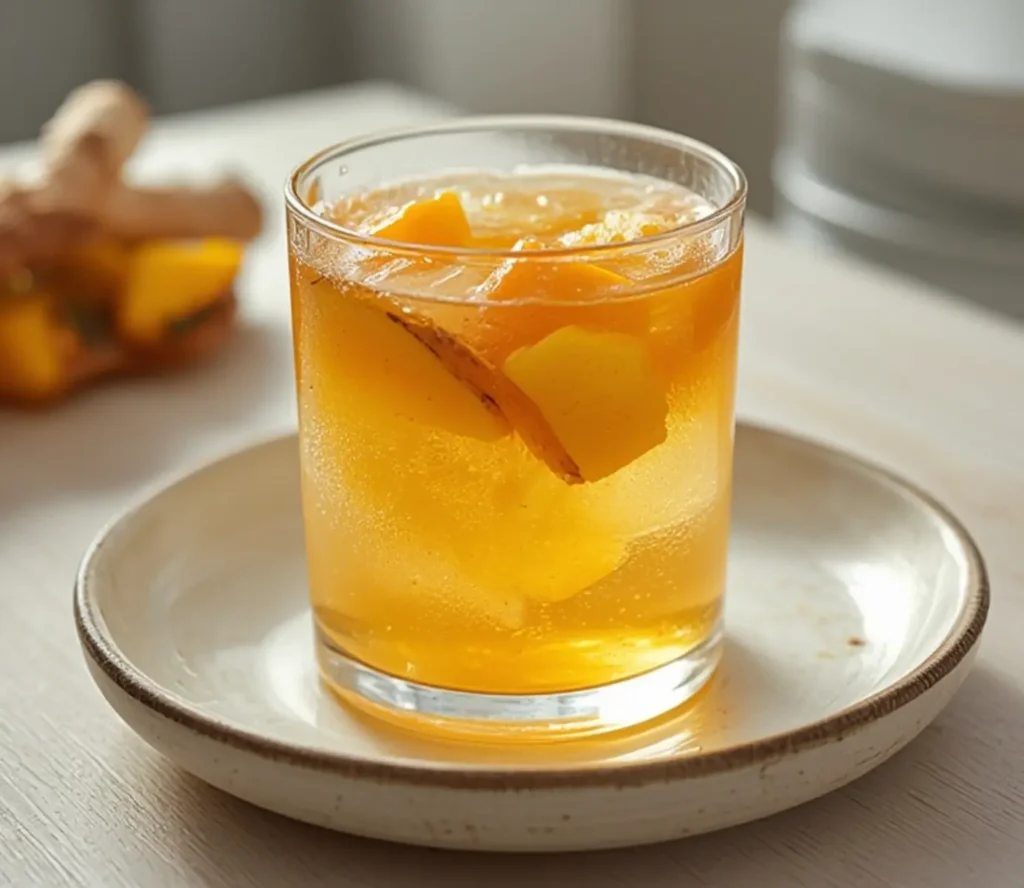 Pineapple Ginger Water: Pitcher of golden pineapple ginger water with fresh fruit slices inside, a healthy detox drink.