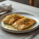 Pistachio Crusted White Fish: Golden pistachio crusted white fish on a baking sheet with a crispy, toasted topping.