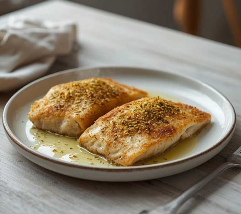 Pistachio Crusted White Fish: Golden pistachio crusted white fish on a baking sheet with a crispy, toasted topping.