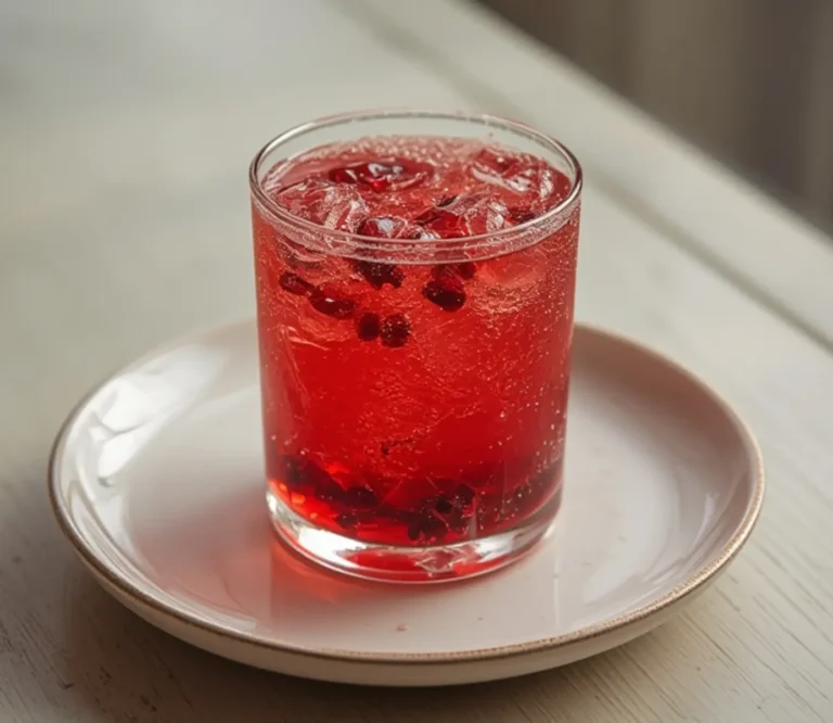 Pomegranate Spritz: Ruby-red pomegranate spritz in a glass with bubbles and arils, looking refreshing and detoxifying.