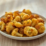Roasted Cauliflower: Crispy golden roasted cauliflower florets with caramelized edges on a baking sheet, showing tender texture and savory seasoning.