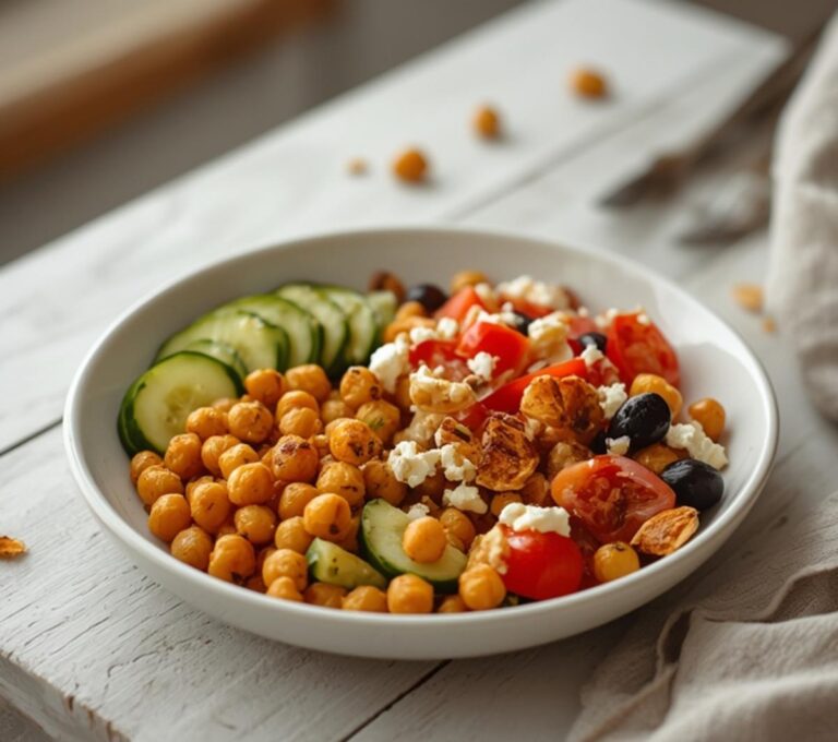 Roasted Chickpea Greek Bowl: Roasted Chickpea Greek Bowl with golden crispy chickpeas, feta, and fresh Mediterranean veggies in a bowl.