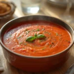 Roasted Tomato Soup: Creamy ruby-red roasted tomato soup in a rustic bowl, garnished with fresh basil, perfect for Healthy Comfort Food.