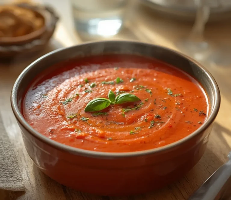 Roasted Tomato Soup: Creamy ruby-red roasted tomato soup in a rustic bowl, garnished with fresh basil, perfect for Healthy Comfort Food.