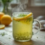 Rosemary Tea: Steaming mug of clear greenish rosemary tea with fresh herb sprig garnish and lemon slice on rustic wooden table