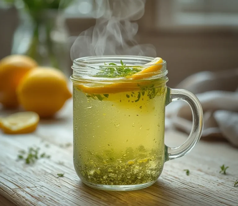 Rosemary Tea: Steaming mug of clear greenish rosemary tea with fresh herb sprig garnish and lemon slice on rustic wooden table