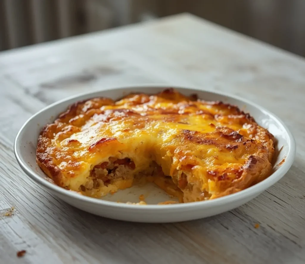 Sausage Egg Casserole: Golden keto sausage egg casserole with melted cheese and crisp edges in a baking dish