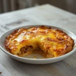 Sausage Egg Casserole: Golden keto sausage egg casserole with melted cheese and crisp edges in a baking dish