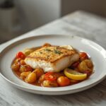Sheet Pan Lemon Cod: Golden sheet pan lemon cod with roasted potatoes and glistening cherry tomatoes on a dark surface.