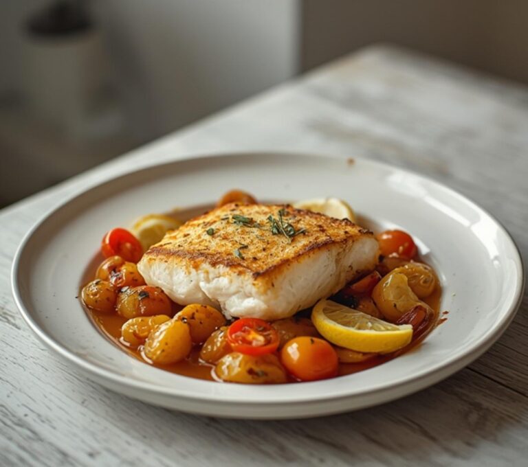 Sheet Pan Lemon Cod: Golden sheet pan lemon cod with roasted potatoes and glistening cherry tomatoes on a dark surface.