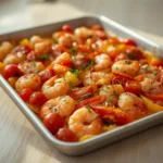 Sheet Pan Shrimp: Juicy sheet pan shrimp roasted with tomatoes and peppers, glistening with olive oil and herbs.