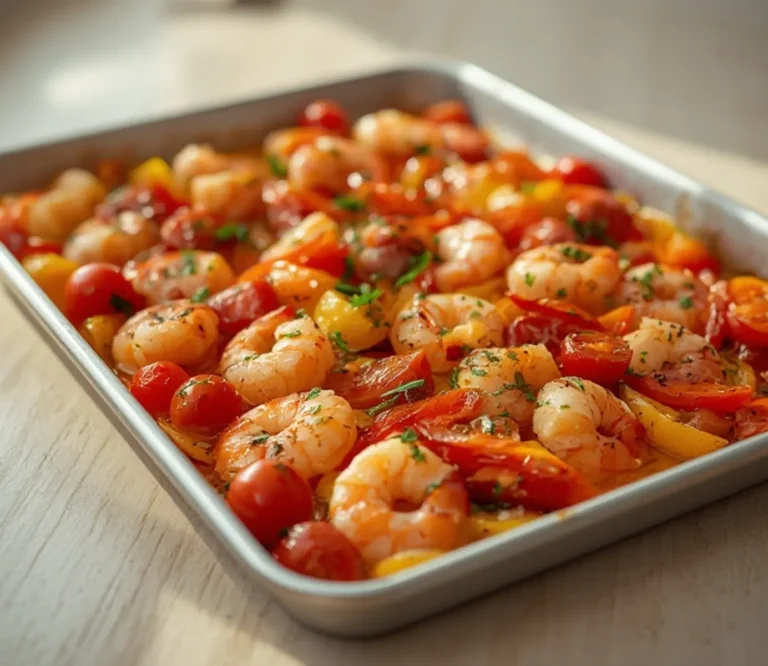 Sheet Pan Shrimp: Juicy sheet pan shrimp roasted with tomatoes and peppers, glistening with olive oil and herbs.