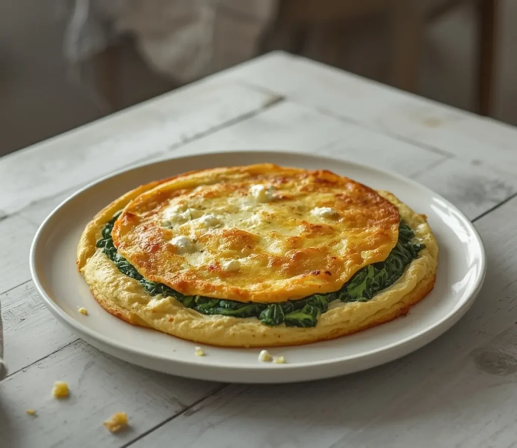 Spinach Feta Omelet: Golden brown keto spinach feta omelet with melted cheese and wilted greens on a white plate.