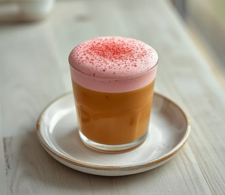Strawberry Cold Foam: Thick pink strawberry cold foam layered over iced coffee in a glass with condensation.