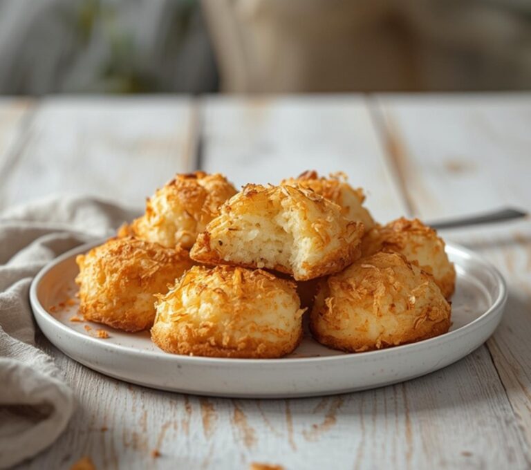 Sugar Free Coconut Macaroons: Golden sugar free coconut macaroons with crisp edges and toasted tops on a white plate, keto-friendly snack