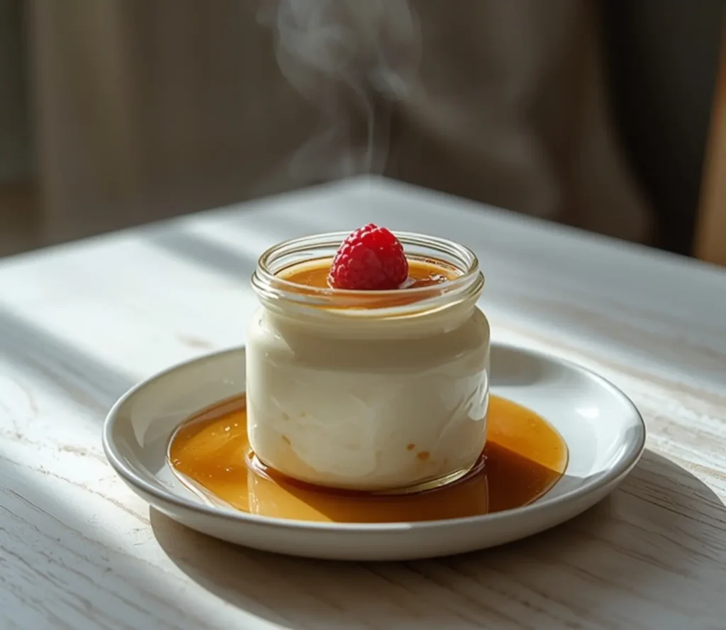 Sugar Free Panna Cotta: Silky smooth sugar free panna cotta dessert in a glass with a fresh raspberry on top.