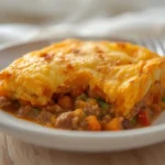 Sweet Potato Shepherds Pie: Golden brown mashed sweet potato topping on a savory shepherds pie with visible vegetable layers.