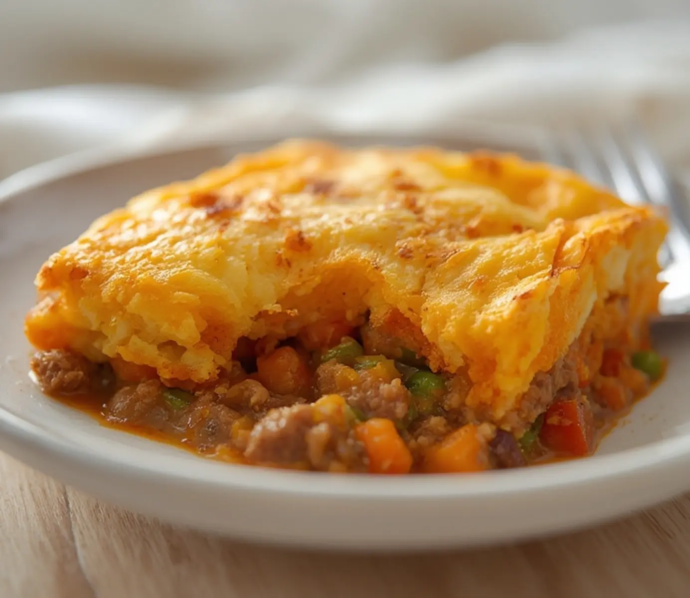 Golden Sweet Potato Shepherds Pie Healthy Comfort Food 4 Sweet Potato Shepherds Pie: Golden brown mashed sweet potato topping on a savory shepherds pie with visible vegetable layers.