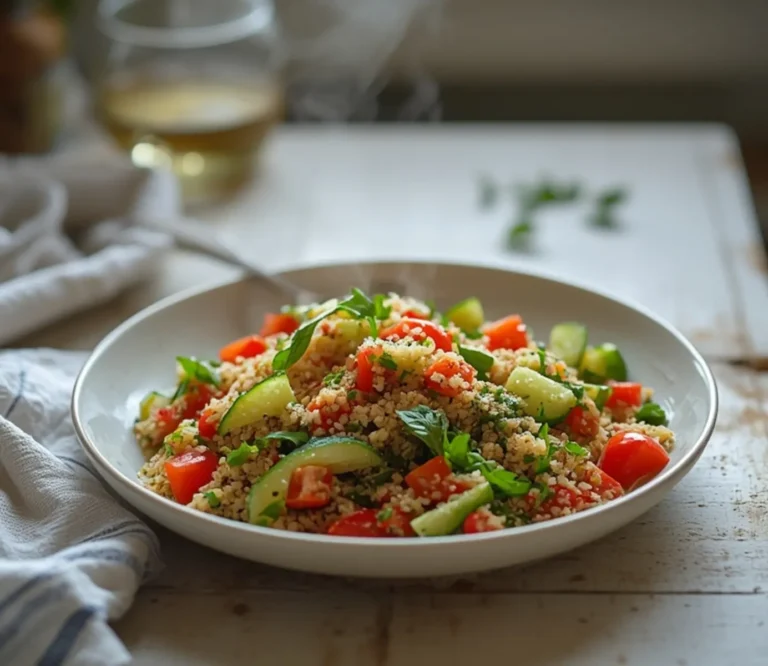 Tabbouleh Salad: Fresh Tabbouleh Salad with parsley, tomatoes, and bulgur in a white bowl, glistening with lemon dressing.