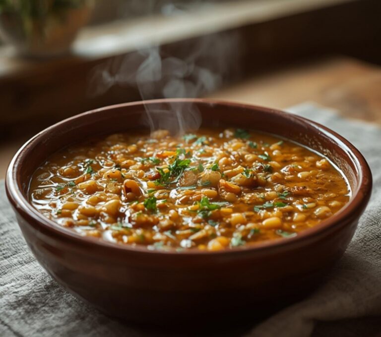 Traditional Greek Lentil Soup: A pot of Traditional Greek Lentil Soup with golden broth, diced carrots, and glistening olive oil.