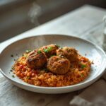 Turkey Kefta Rice Pilaf: Golden turkey kefta crumbles over fluffy rice pilaf with tomatoes and parsley in a skillet.