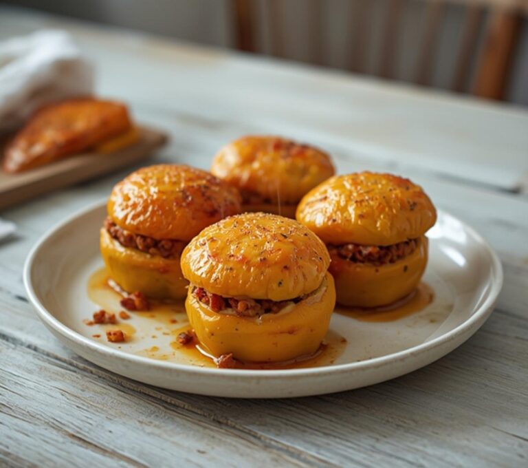 Turkey Stuffed Bell Peppers: Juicy turkey stuffed bell peppers with golden, bubbly filling in a baking dish.