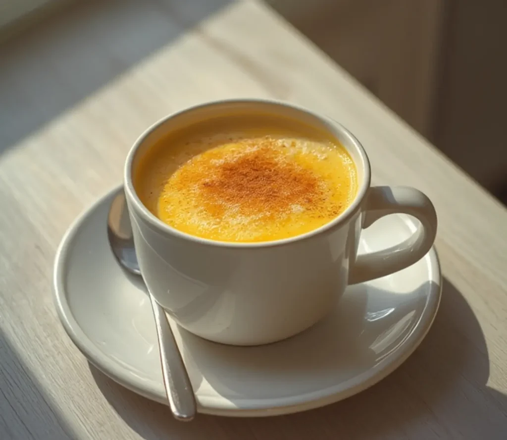 Turmeric Latte: Steaming golden turmeric latte in a white ceramic mug with cinnamon dusting