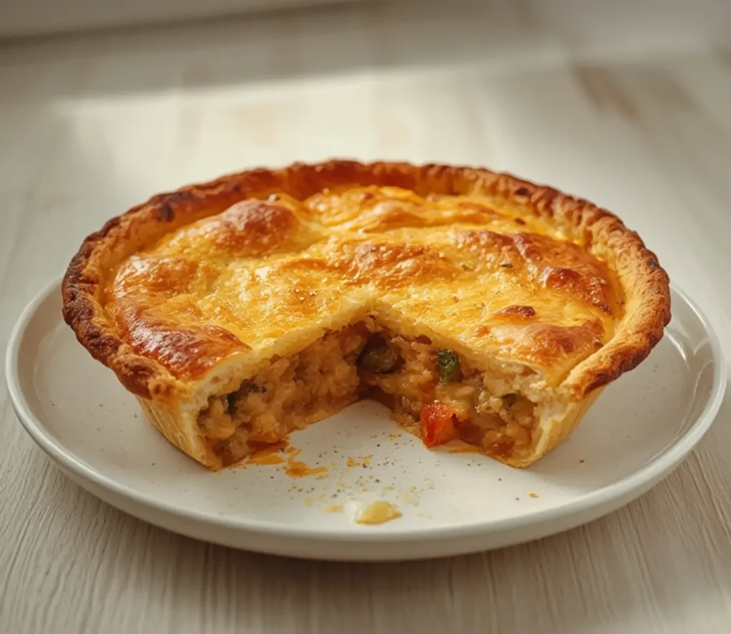 Veggie Loaded Pot Pie: Golden flaky Veggie Loaded Pot Pie with bubbling creamy filling and crisp edges on a rustic table.