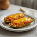 Zucchini Boat Turkey Stuffing: Golden baked zucchini boats filled with savory turkey stuffing and melted cheese on a rustic platter.