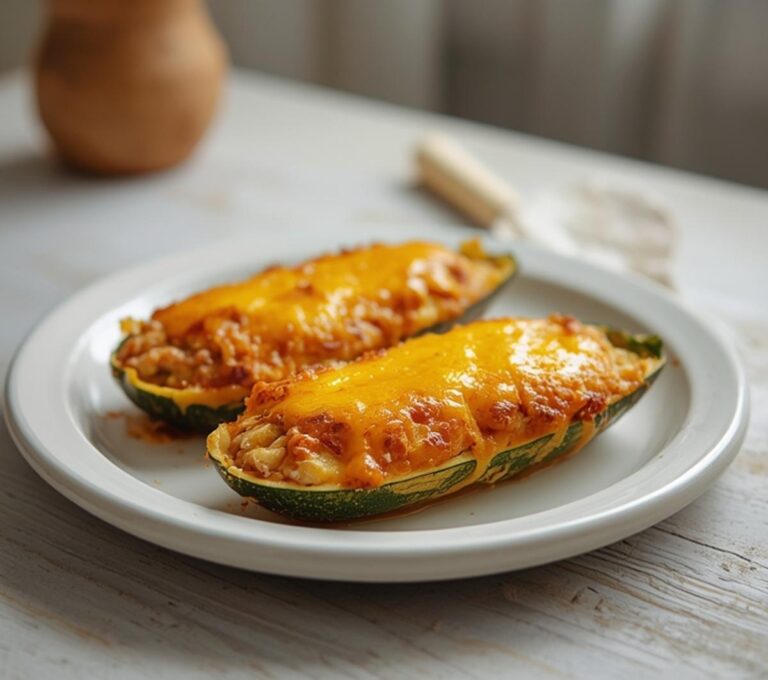 Zucchini Boat Turkey Stuffing: Golden baked zucchini boats filled with savory turkey stuffing and melted cheese on a rustic platter.