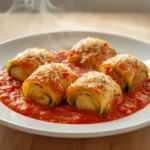 Zucchini Lasagna Rolls: Juicy baked zucchini lasagna rolls with melted cheese and marinara sauce in a skillet.