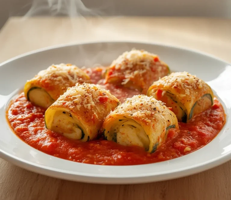 Zucchini Lasagna Rolls: Juicy baked zucchini lasagna rolls with melted cheese and marinara sauce in a skillet.