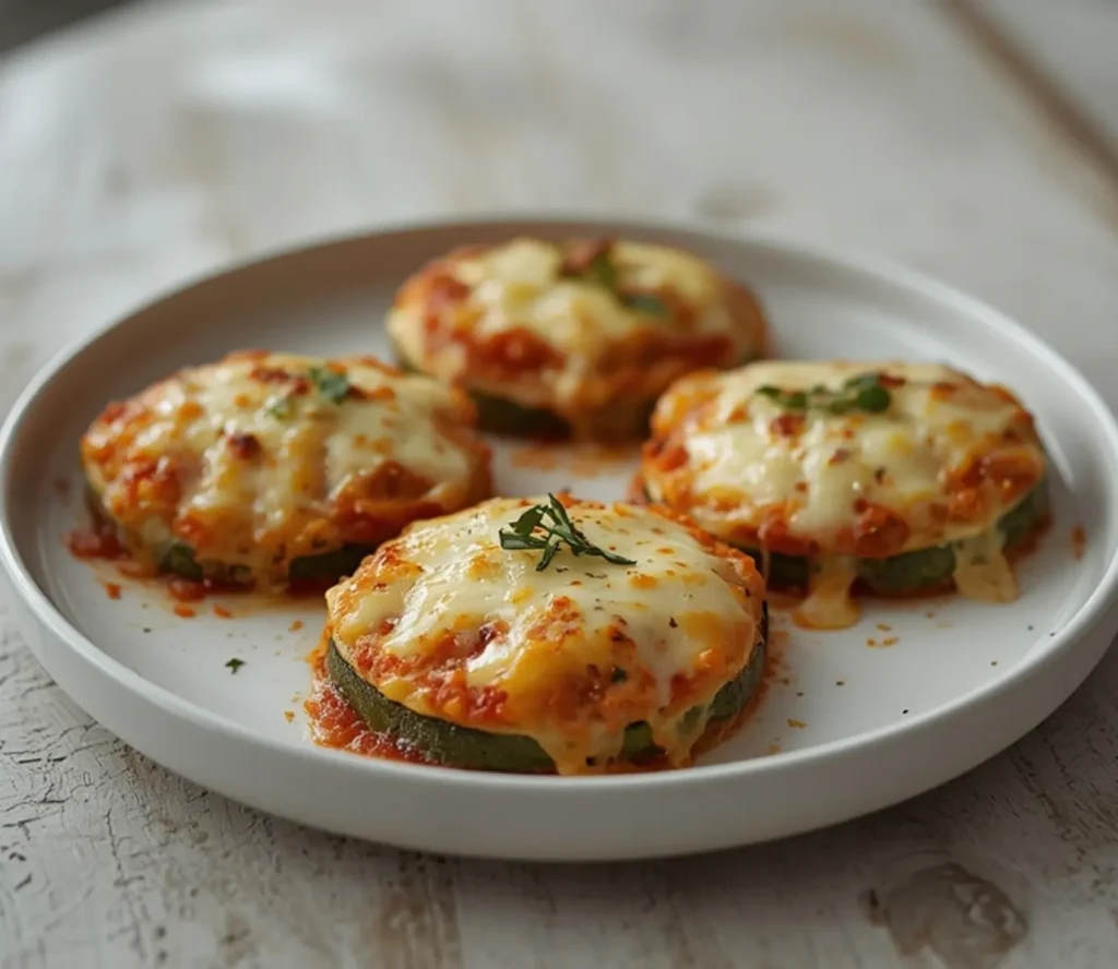 Zucchini Pizza Bites: Golden baked zucchini pizza bites with melted cheese and marinara on a baking sheet.