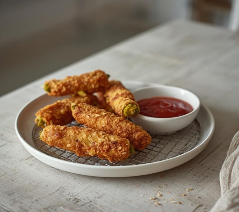 Home 6 Almond Crusted Fried Pickles: Golden almond crusted fried pickles with crisp edges on a plate, keto snack idea.
