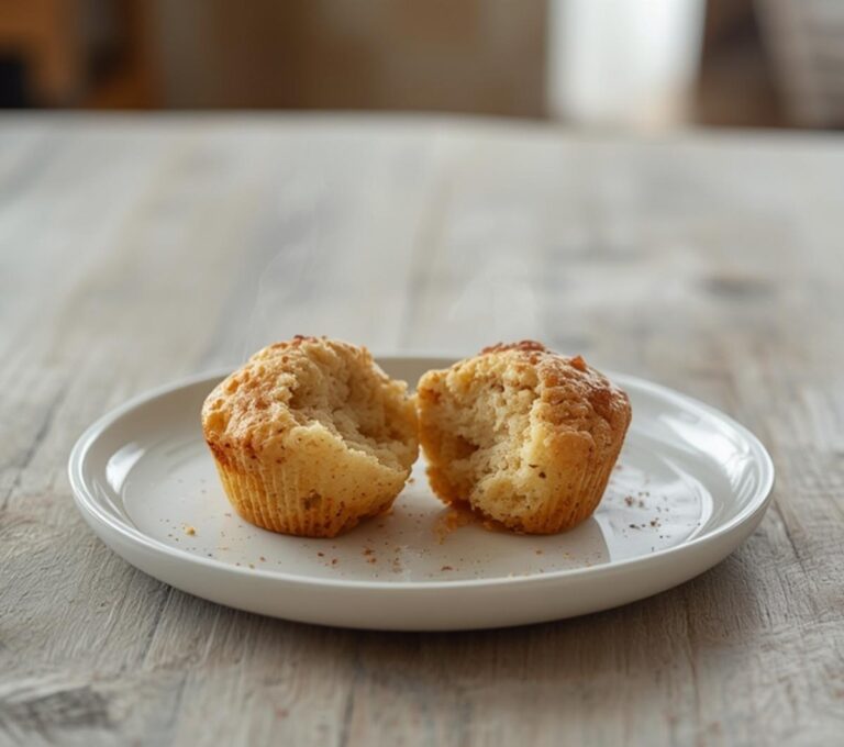 Home 8 Almond Flour Cinnamon Muffins: Golden almond flour cinnamon muffins on a plate with a soft crumb and glistening cinnamon topping.