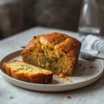 Almond Flour Zucchini Bread: Golden baked almond flour zucchini bread loaf on a rustic board with crumbs and zucchini.