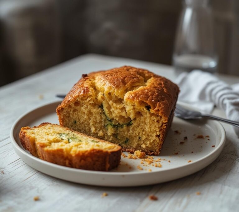 Almond Flour Zucchini Bread: Golden baked almond flour zucchini bread loaf on a rustic board with crumbs and zucchini.