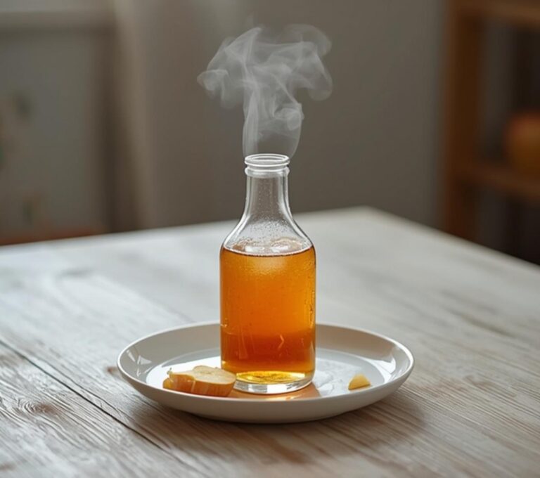 Apple Ginger Energy Shot: Vibrant amber Apple Ginger Energy Shot in a glass bottle, glistening with freshness.