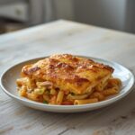Asian Fusion Pasta Bake: Golden bubbly Asian fusion pasta bake in a dish with creamy melted cheese and visible layers of pasta and chicken.