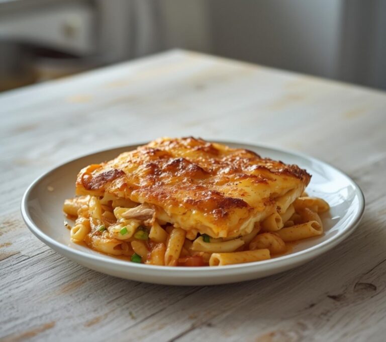 Asian Fusion Pasta Bake: Golden bubbly Asian fusion pasta bake in a dish with creamy melted cheese and visible layers of pasta and chicken.