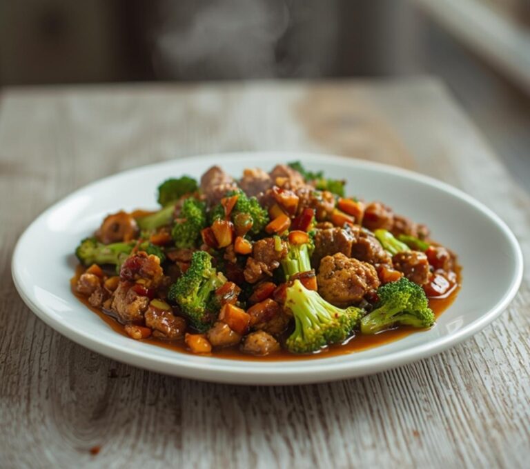 Asian Ground Turkey Sauté: Asian Ground Turkey Sauté in a skillet with broccoli and green onions, glistening with a savory sauce.