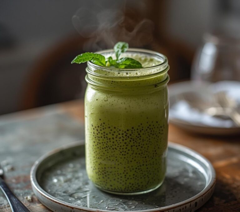 Avocado Spinach Protein Shake: Creamy green avocado spinach protein shake in a tall glass with a light frothy top and chia seeds visible.