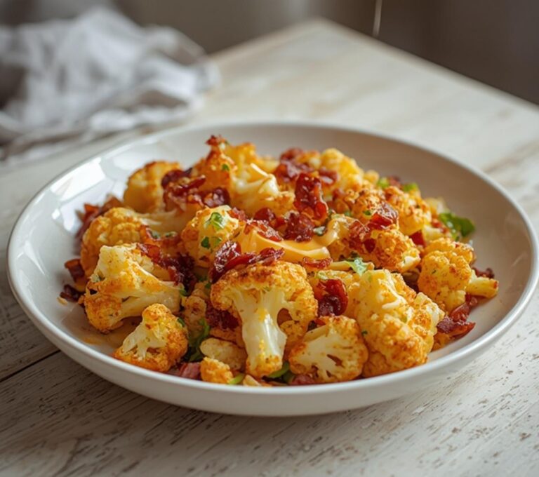 Bacon Cheddar Cauliflower Salad: Creamy Bacon Cheddar Cauliflower Salad in a bowl with crispy bacon and melted cheese, perfect keto snack.