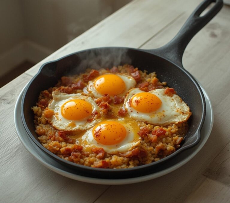 Bacon Egg Cauliflower Rice: Skillet of bacon egg cauliflower rice with golden yolks and crispy bacon for a keto breakfast