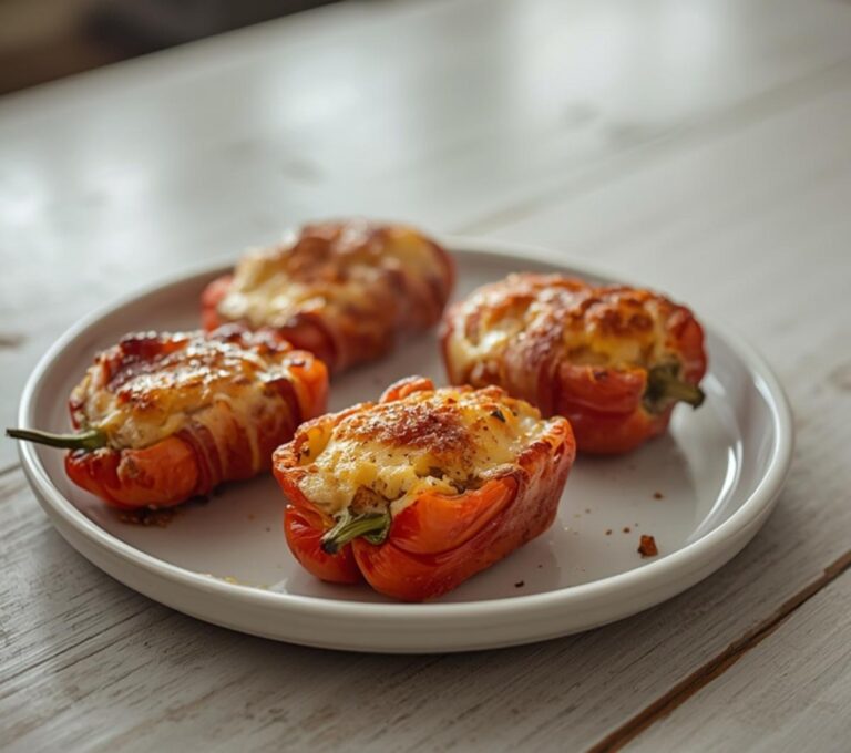 Bacon Wrapped Jalapeño Poppers: Golden crispy bacon wrapped jalapeño poppers on a baking sheet with creamy melted filling.