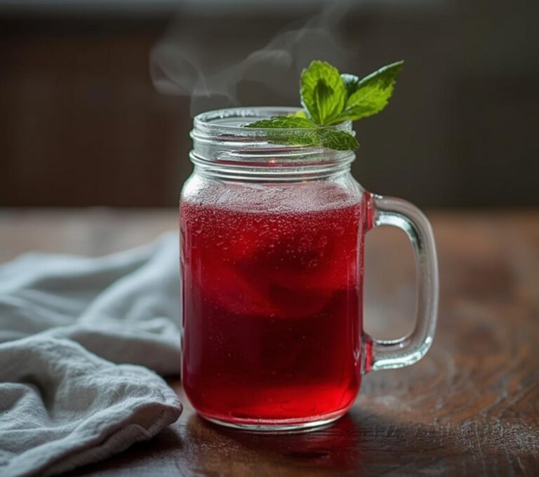 Beetroot Vitality Juice: Glistening g glass of ruby red beetroot juice with a crisp green garnish, visually refreshing detox drink.