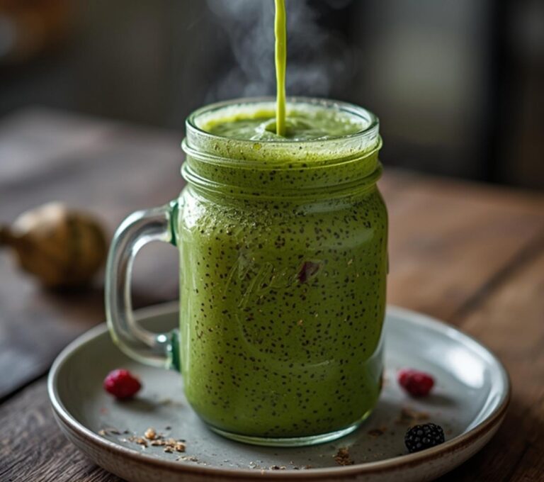 Belly Fat Burner Smoothie: Creamy green belly fat burner smoothie in a glass with berries and chia seeds on top.