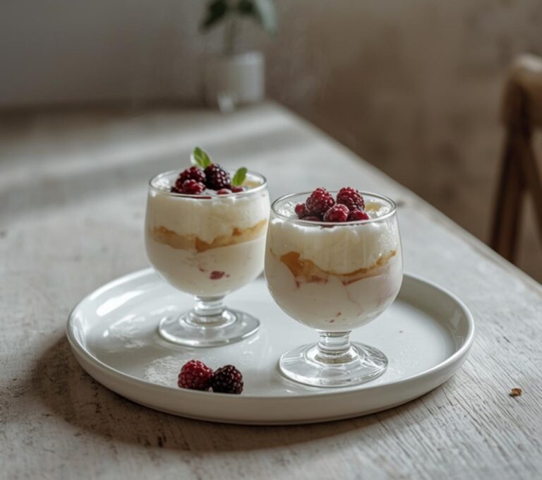 Berry Mascarpone Clouds: Creamy berry mascarpone clouds in glasses with ruby-red berries on top for a keto snack.