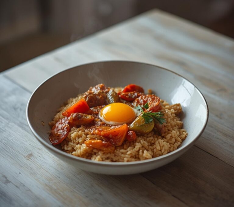 Bibimbap Veggie Rice Bowl: Colorful Bibimbap Veggie Rice Bowl with golden rice, caramelized vegetables, and a creamy egg center on a white plate.