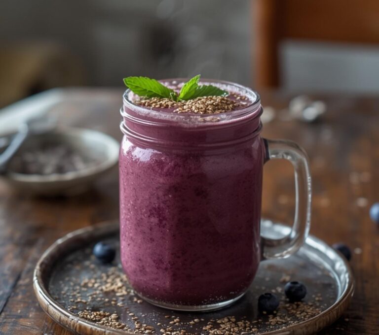 Blueberry Flax Morning Smoothie: Creamy blueberry flax morning smoothie in a glass with a vibrant ruby-red color and toasted flax seeds on top.